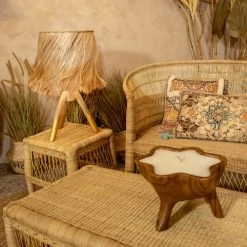 Now’s Home Lampes à Poser Lampe De Table En Bois Et Feuilles D'abaca Naturel Et Doré -Luminaires Bord de mer Soldes lampe de table en bois et feuilles d abaca naturel et dore 2